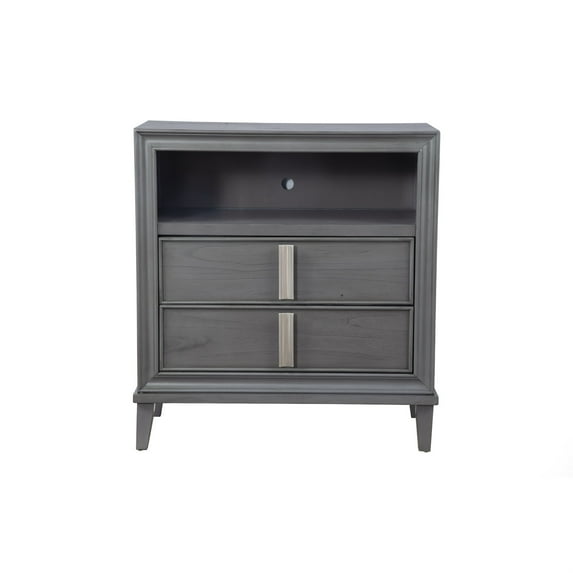 Transitional Style Wooden Media Chest With Two Drawers and One Open Shelf, Gray