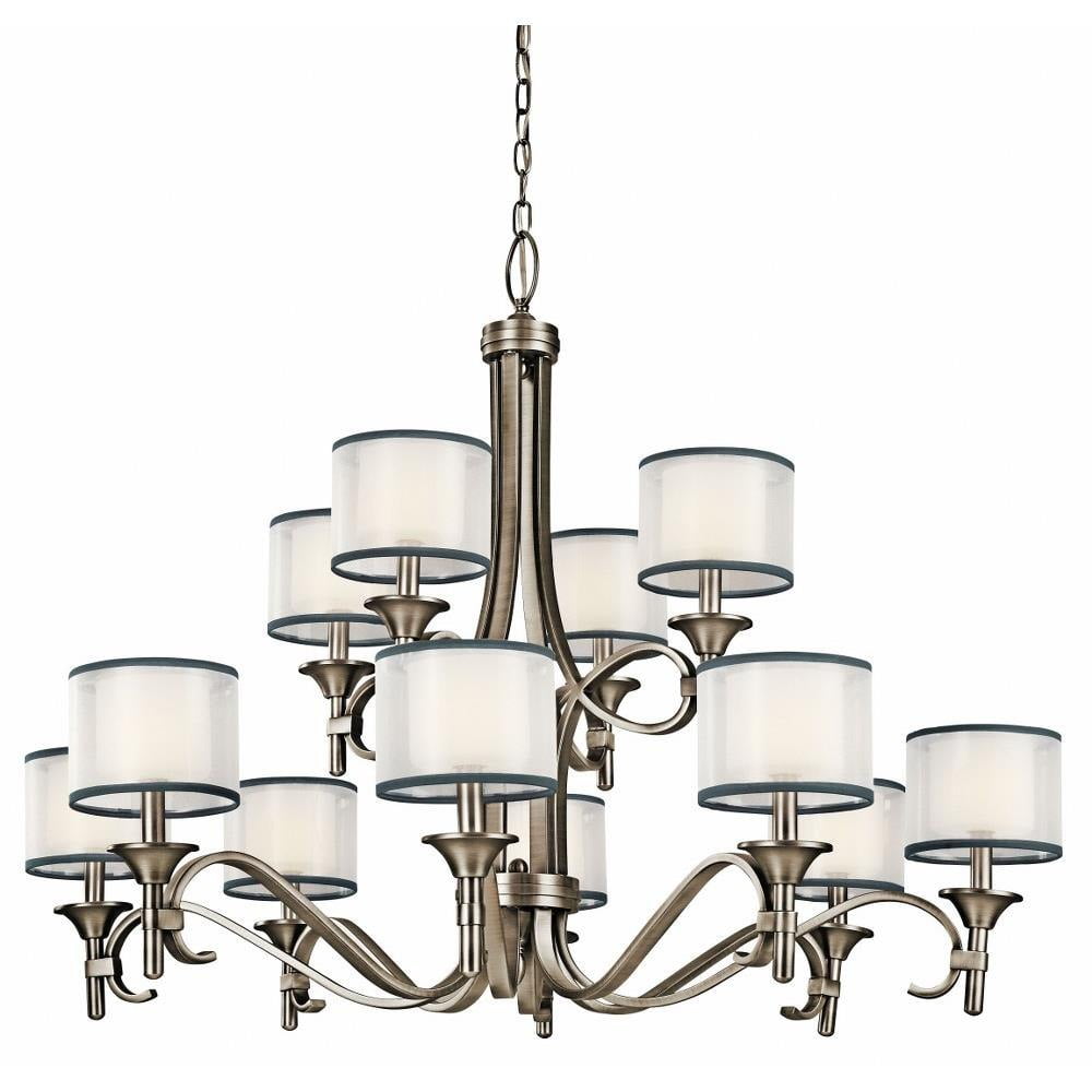 Antique Pewter 12-Light Chandelier with Satin Etched Glass Shades