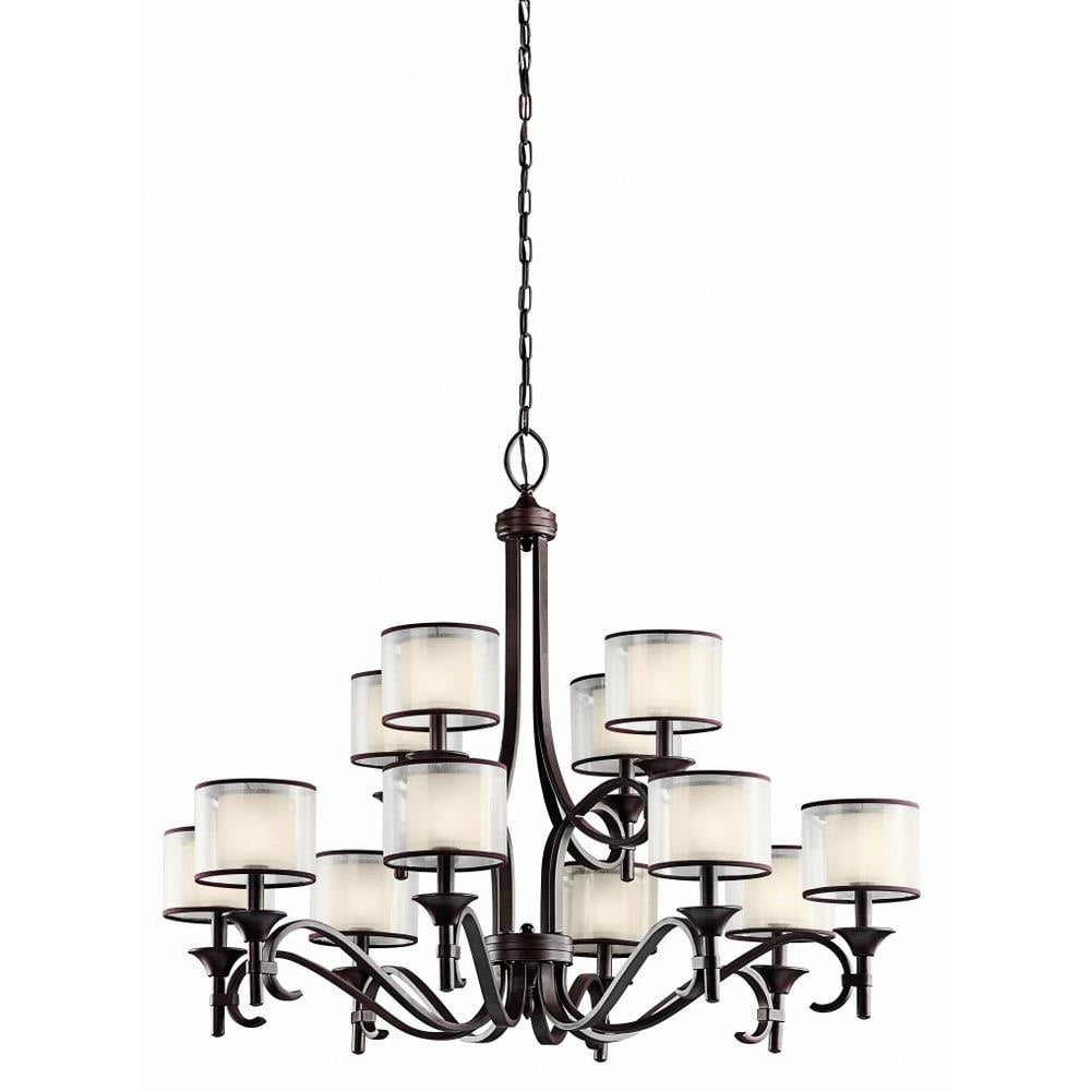 Mission Bronze 12-Light Drum Chandelier with Satin Etched Glass