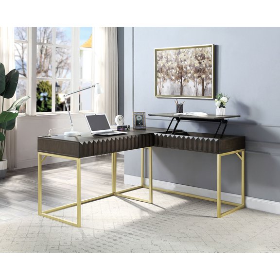 Transitional Two-Tone Computer Desk Walnut, Usb Port Lift Top Design And Concealed Drawer