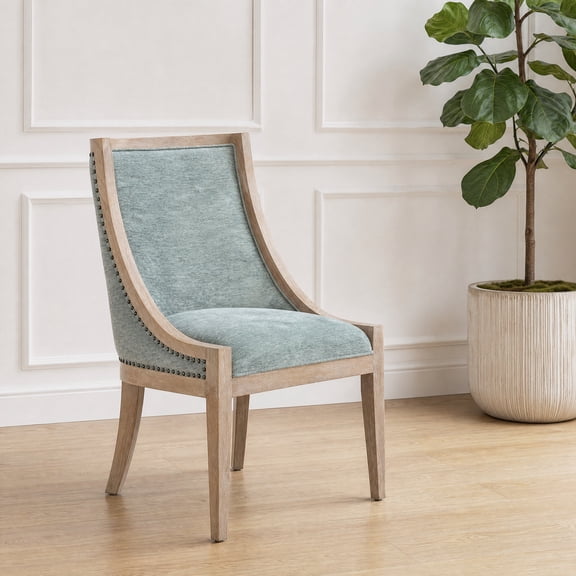 Transitional Upholstered Dining Chair with Brass Nailhead Trim Solid Wood WheatFinished Frame Recessed Arms Tapered Legs Fully Assembled HighBack Dining Room Accent Chair for Kitchen Farmhouse De