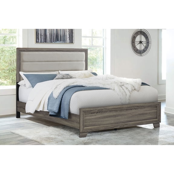 Transitional Upholstered Queen Bed with Brown Oak Finish and Padded Headboard for Modern Bedroom