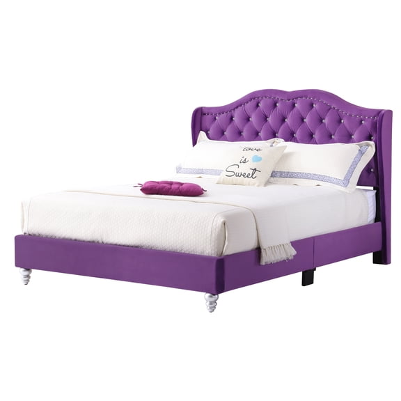 Transitional Velvet Upholstered Full Bed Frame | Bold Purple | 50"H x 60"W x 80"D | Quick Assembly | Sturdy Support for Bedroom Decor