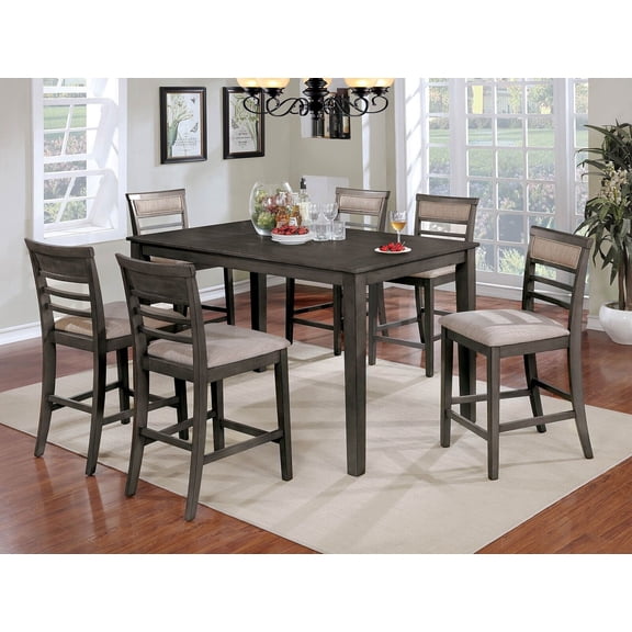 Transitional Weathered Gray Solidwood 7pc Counter Height Dining Set Table 6x Chairs Beige Padded Fabric Seats Cushions Dining Room