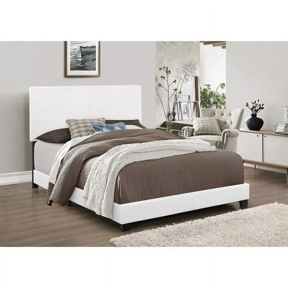 Transitional White PU Leather Upholstered Bed Frame, Low Profile Bed - Full Size