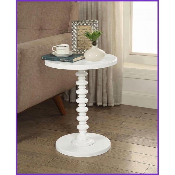 Transitional White Round Pedestal Coffee Table for Living Room, Space-Saving Wooden Turned Base