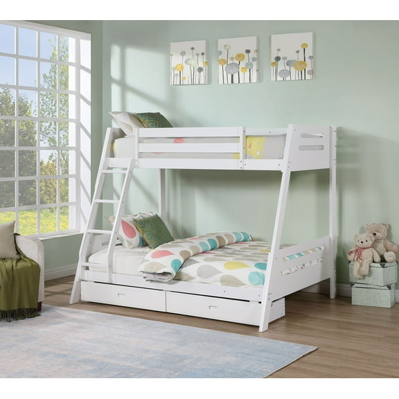 Transitional White Solid Wood Twin Over Full Bunk Bed with Underbed Drawers & Reversible Angled Ladder - Bedroom Furniture, 79"W x 61"D x 65"H