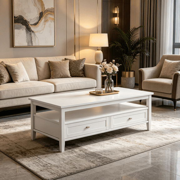 Transitional White Wood Coffee Table, Shaker Cocktail Table with 2 Drawers