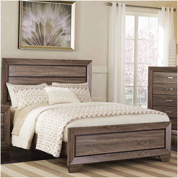 Transitional Wood Bed Frame, Queen Size with Panel Headboard, Washed Taupe Brown Finish for Modern Bedroom