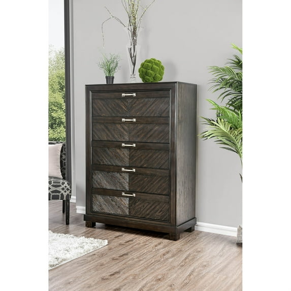 Transitional Wood Chest With V Shape Plank Design, Espresso Brown