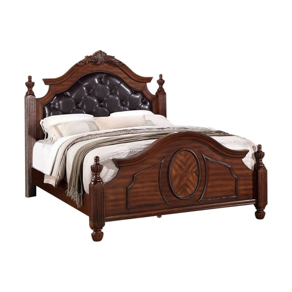 Transitional Wooden E.King Bed With PU HB & Circular Floral Design, Cherry Finish