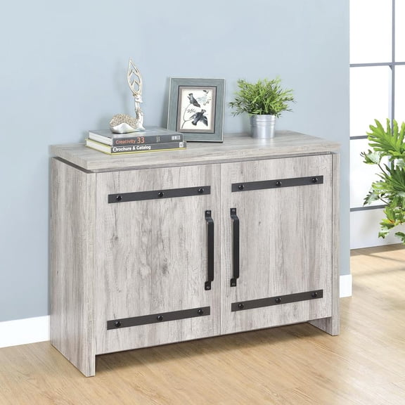 Transitional style grey cabinet with antique - bronze accents for storing books in dens