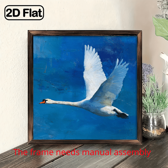 Translation: 8x8 inch framed wood panel print, swan flying over water pattern, rustic farmhouse style.