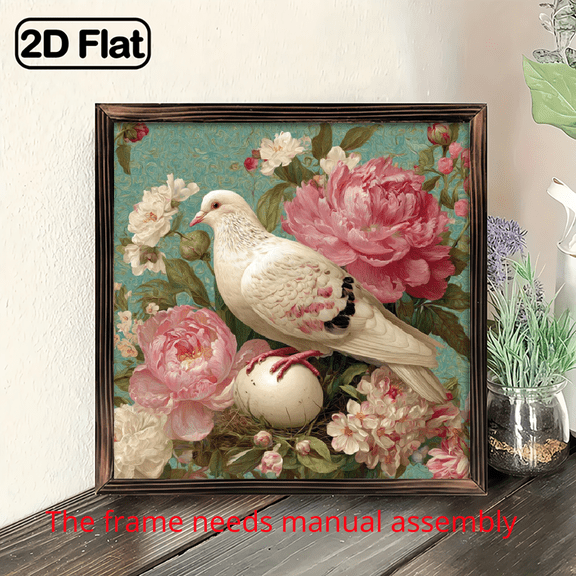 Translation: 8x8 inch framed wood panel print, vintage dove perched among scattered floral blooms, style is rustic farmhouse flat design.
