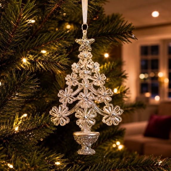 Translucent Acrylic Christmas Tree Decoration with Glitter Star and Rhinestone Details for Holiday Hanging Ornament