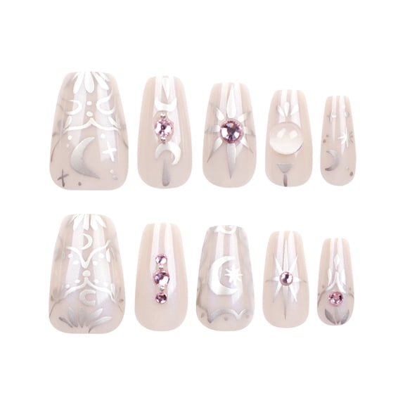 Translucent Beige Nude Middle Eastern Moon and Star Geometric Rhinestone Accent Press on Nails, Medium Almond Glossy Translucent Finish False Nails, 10 Count