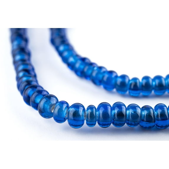 The Bead Chest Translucent Blue Glass Donut Beads - 24 Inch Strand of Indonesian Rondelle Java Glass Beads for Crafts & Jewelry Making
