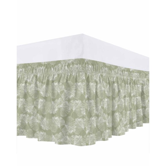 Translucent Ginkgo Leaves Bed Skirt Queen Size 16 Inch Drop, Realistic Plant Green Background Wrap Around Dust Ruffle Bedskirts, Wrinkle & Fade Resistant Easy Fit Bedskirt with Adjustable Elastic