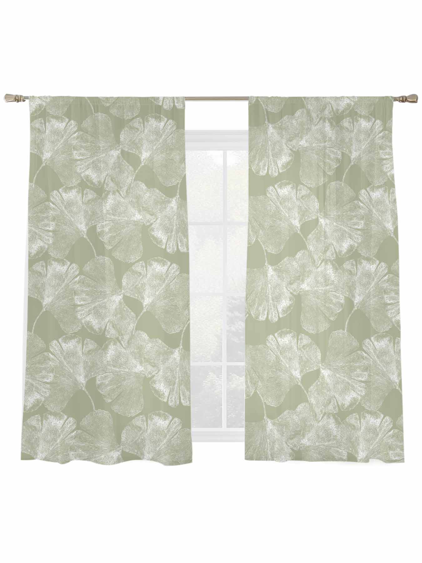 Rod Ginkgo Translucent Ginkgo Leaves Sheer Curtains 2 Panels Set Realistic Plant ...