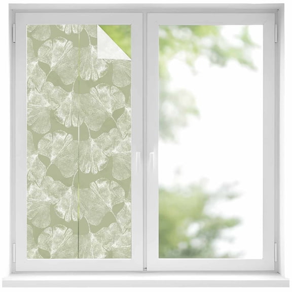 Translucent Ginkgo Leaves Window Privacy Film Realistic Plant Green Background Decorative Glass Window Film UV Blocking Static Cling Non-Adhesive Sticker Covering for Home Door 17.7 x 39.3 inches