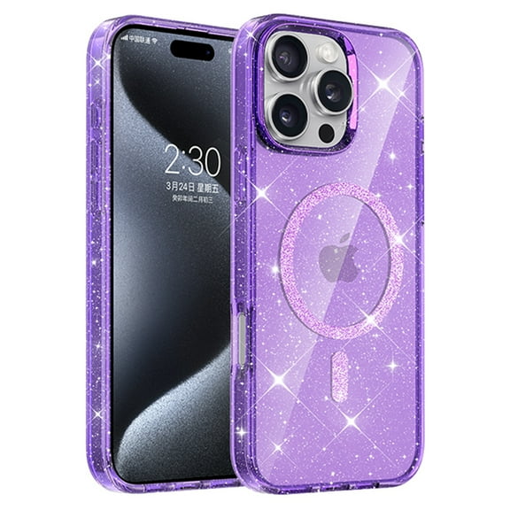 Translucent Glitter Case for Apple iPhone 15 Pro Max, iPhone 15 Pro Max Case for Women Girls, Compatible with Magsafe Slim Fit Anti-Scratch Bumper Rugged Anti-Yellowing Cover, Purple