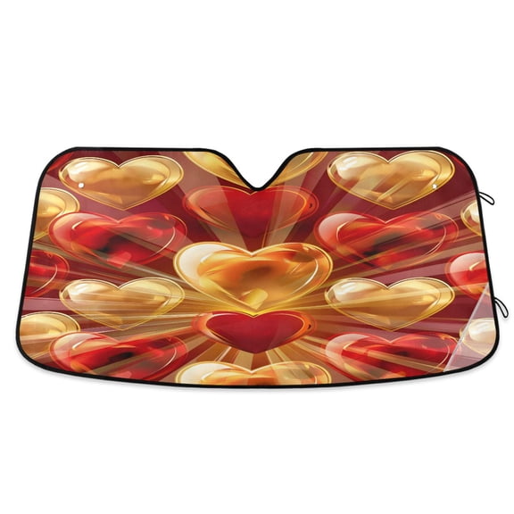 Translucent Gold and Red Hearts Car Windshield Sun Shade Foldable Car Front Window Visor Heat and UV Protection 53x23.5