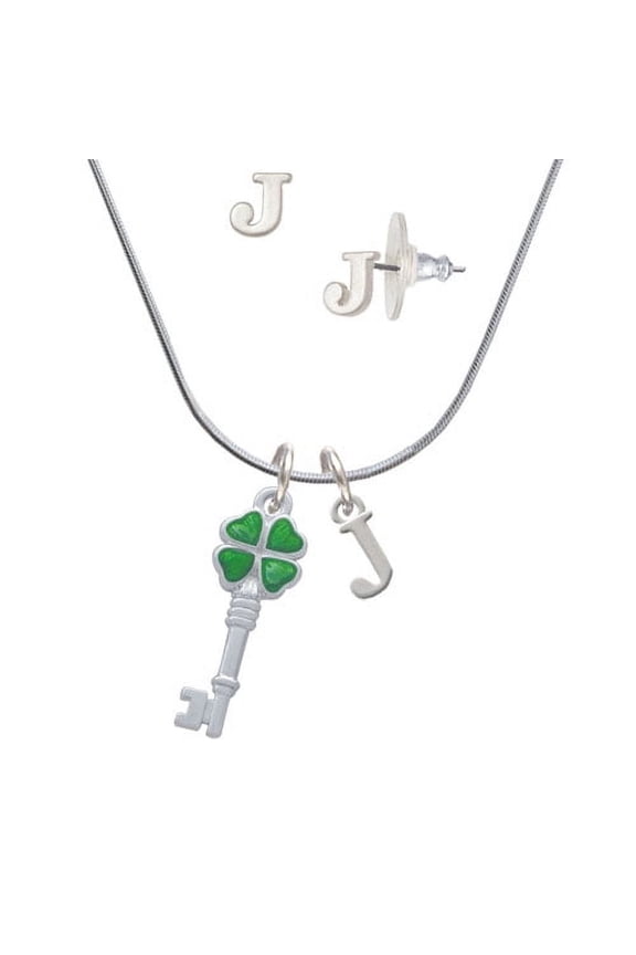 Translucent Green Lucky Four Leaf Clover Key - J Initial Charm Necklace and Stud Earrings Jewelry Set