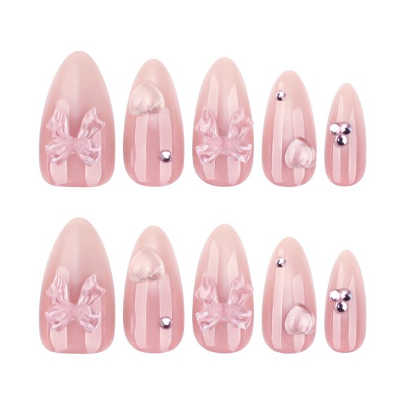 Translucent Nude Pink 3D Bow & Rhinestone Heart Accent Press on Nails, Medium Pointed Almond Glossy False Nails with Raised Detail, 24 Count