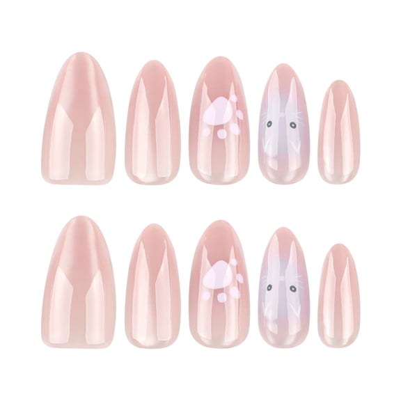 Translucent Nude Pink Cat Face & Paw Print Press on Nails, Medium Pointed Almond Glossy False Nails, 24 Count