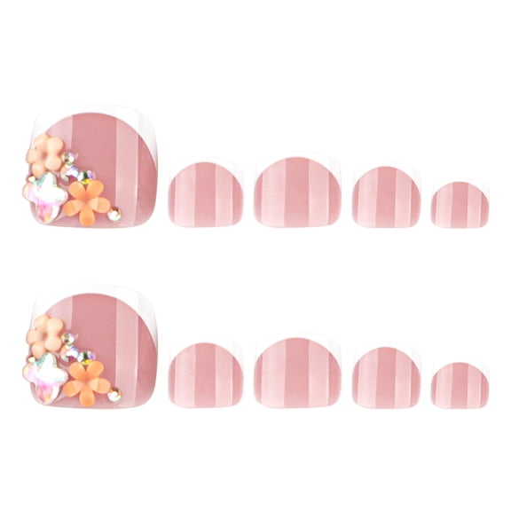 Translucent Nude Pink Floral French Tip Press on Toenails, Short Squoval Glossy with Rhinestone Accents, 24 Count