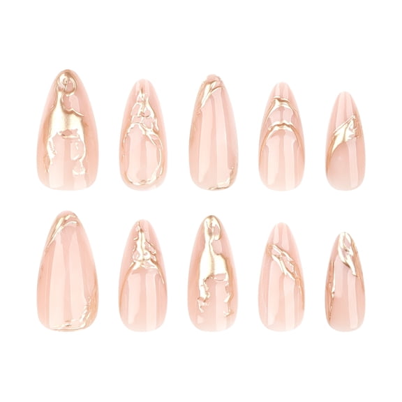 Translucent Nude Pink Gold Brushstroke Press on Nails, Medium Pointed Almond Glossy Translucent False Nails, 24 Count