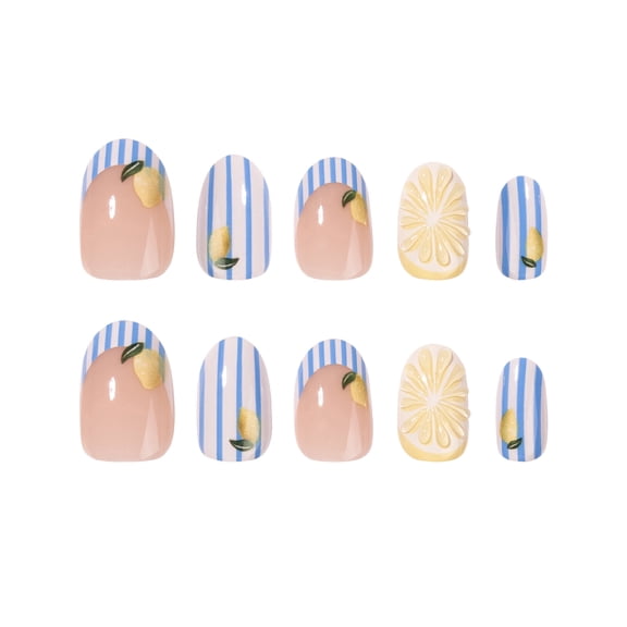 Translucent Nude Pink Lemon Pattern Press on Nails, Short Squoval Glossy False Nails, 24 Count