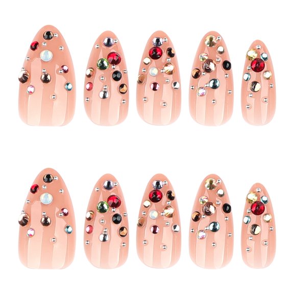 Translucent Nude Pink Rhinestone Accent Press on Nails, Medium Pointed Almond Glossy False Nails with Metal Bead Detail, 24 Count