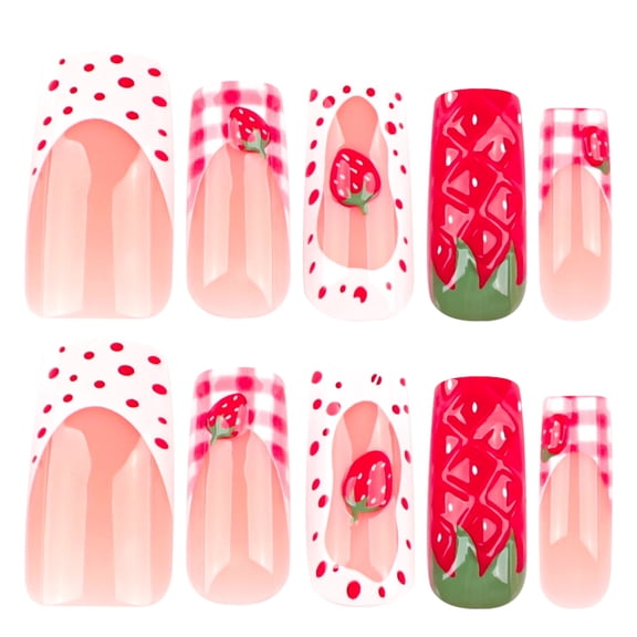 Translucent Nude Pink Strawberry Polka Dot Gingham Check Press on Nails, Medium Coffin Glossy Fake Nails, 24 Count