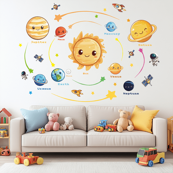 Translucent PVC Self Adhesive Wall Stickers Waterproof Building Decals for Home Living Room Bedroom Wall Decoration Solar System