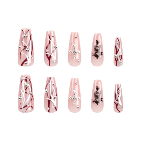 Translucent Pink Mixed Design Press on Nails, Medium Almond Glossy False Nails with Wavy Lines, Dragon Motifs & Rhinestone Cross, 24 Count