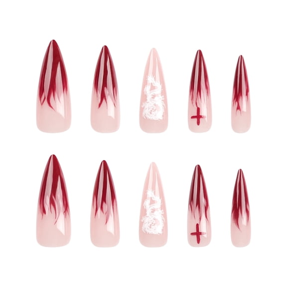 Translucent Pink Red Ombre Gradient Dragon & Cross Press on Nails, Long Stiletto Glossy False Nails, 24 Count