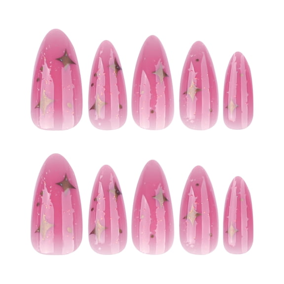 Translucent Pink Star Pattern Press on Nails, Medium Almond Vertical Stripe Glossy Glitter False Nails, 24 Count