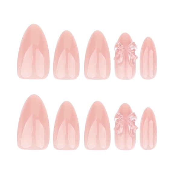 Translucent Pink Sweet Style Bow Decoration Press on Nails, Medium Almond Glossy Translucent False Nails, 24 Count