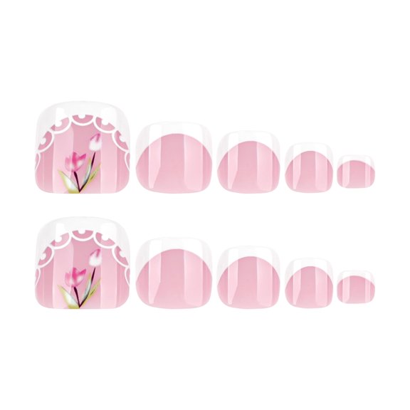 Translucent Pink White French Tip Floral Press on Toenails, Short Squoval Glossy Translucent Finish, 24 Count
