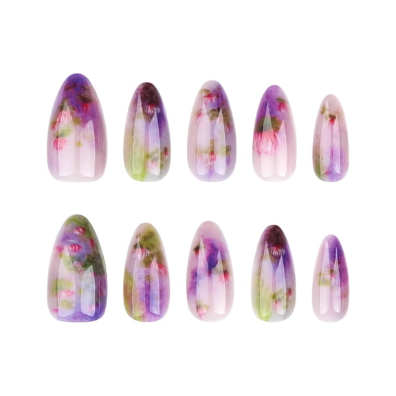 Translucent Pinkish-Purple Lotus Ombre Floral Press on Nails, Short Almond Glossy Translucent Fake Nails, 10 Count