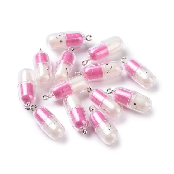 Translucent Plastic Pendants Charm with Platinum Tone Iron Loops Deep Pink 29x10.5mm Hole: 2mm