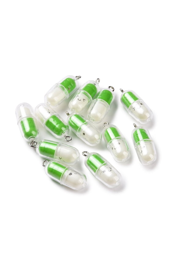 Translucent Plastic Pendants Pill Capsule Charm with Platinum Tone Iron Loops Green 29x10.5mm Hole: 2mm