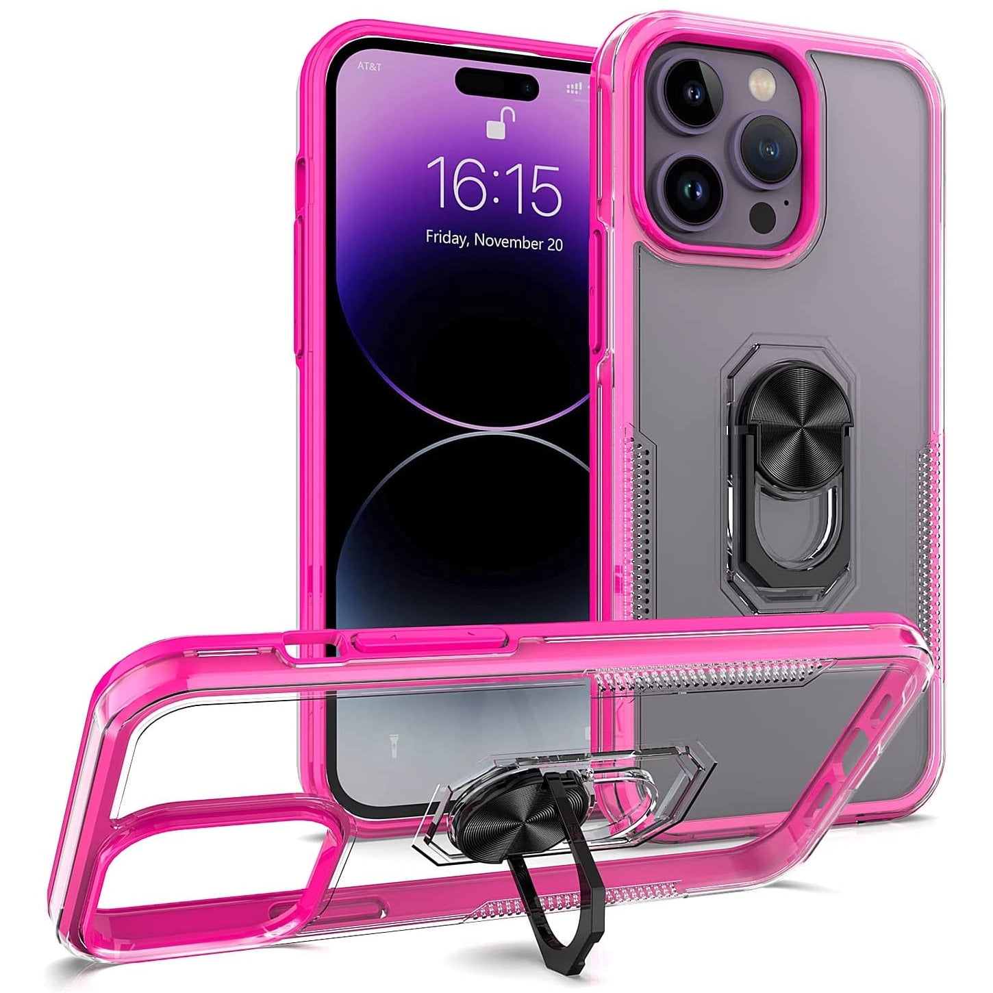 Translucent Series Hybrid Case with Ring Grip for iPhone 14 Pro Max - Hot Pink