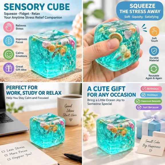 Translucent Teal Squeeze Cube for Student with Non Toxic Build, Ball for Autism Support, Sensory Toys for Student with Autism with Teal Hue