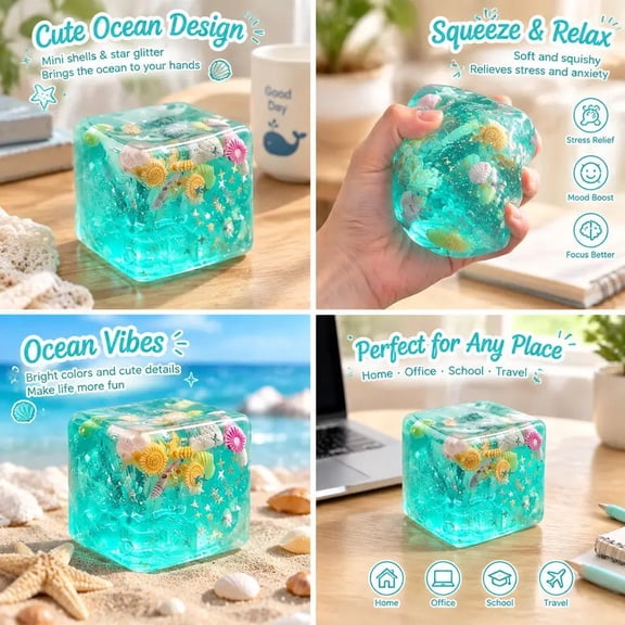 Translucent Teal Stress Ball Squeeze with Durable Soft Material, Squeeze Cube Squeeze for Hand Pressure Relief, Squeeze Stress Ball with Marine Life