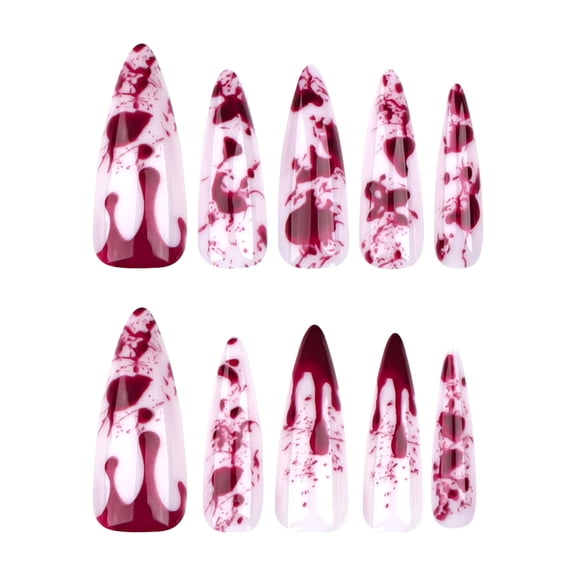 Translucent White with Dark Red Blood Splatter Halloween Press on Nails, Long Stiletto Glossy False Nails with Abstract Splatter, 10 Count
