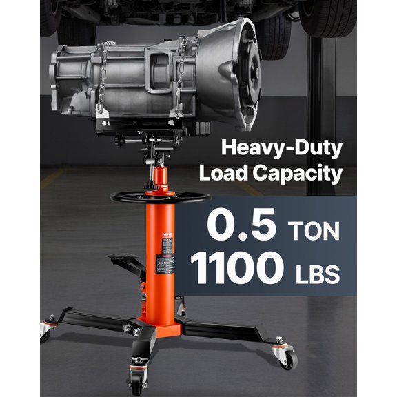 Transmission Jack,1/2Ton/1100lbs Capacity Hydraulic Telescopic Transmission Jack,2-Stage Floor Jack Stand with Foot Pedal,360 Swivel Wheel,Garage/ Shop Lift Hoist,Orange