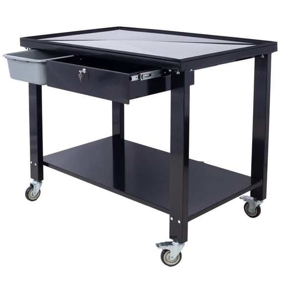 Transmission Teardown Work Station 1/2 Ton Capacity Sloping Drain Table Locking Drawer Removable Drain Basin Full-Width Lower Shelf Four 4-Inch Caster Wheels black