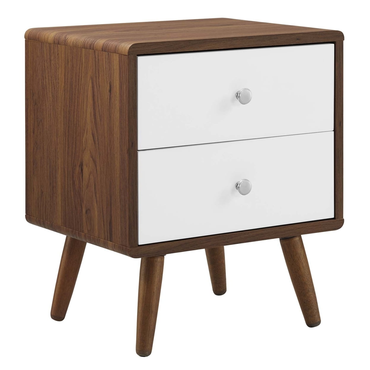 Walnut and White 2-Drawer Mid-Century Modern Nightstand